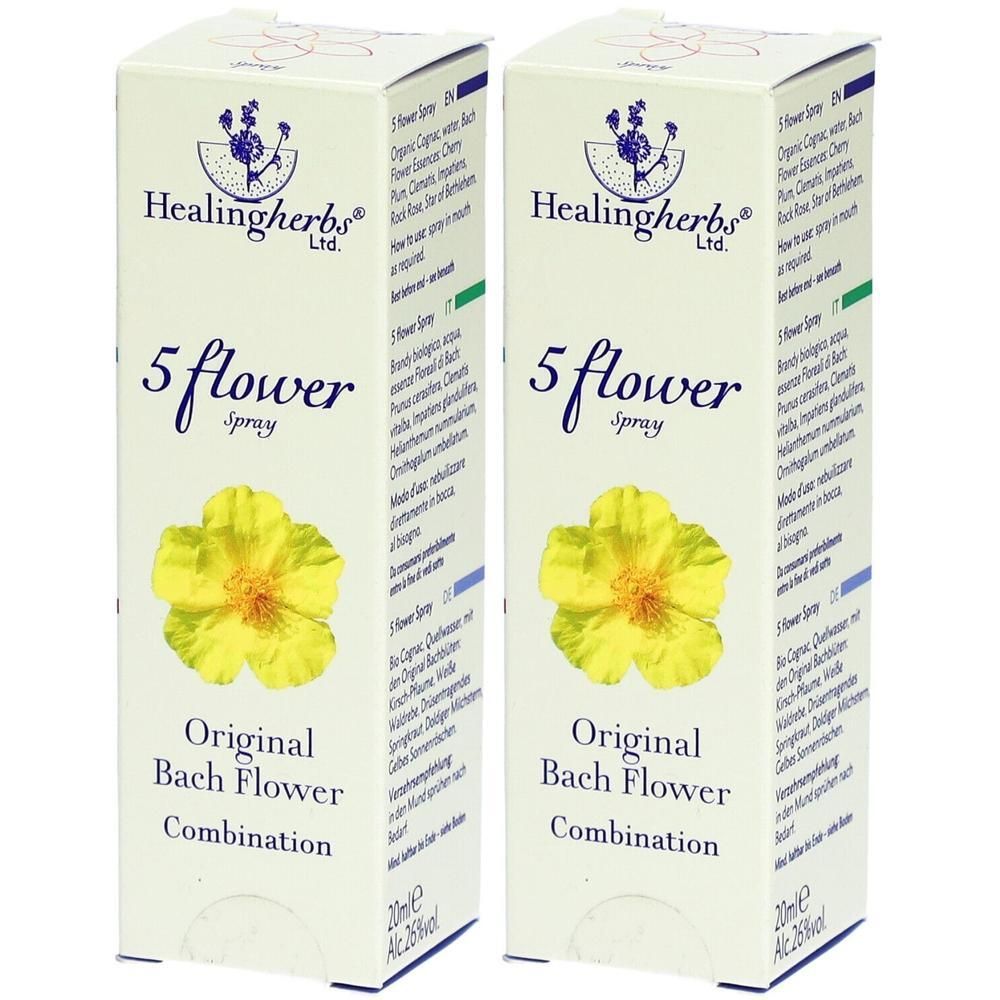 Zwei Packungen '5 flower spray Original Bach Flower Combination' von Healingherbs Ltd. mit gelber Blüte.