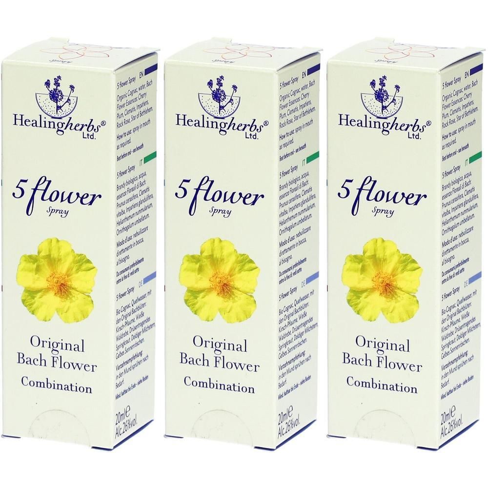 Drei Packungen 5 Flower Spray, Original Bachblüten-Kombination, mit gelber Blume auf der Vorderseite.