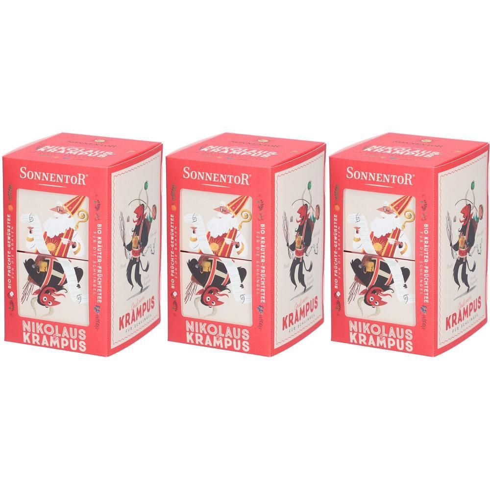 Drei rote Kartons mit dem Logo SONNENTOR. Aufdrucke: Nikolaus & Krampus, Illustrationen von Nikolaus und Krampus.