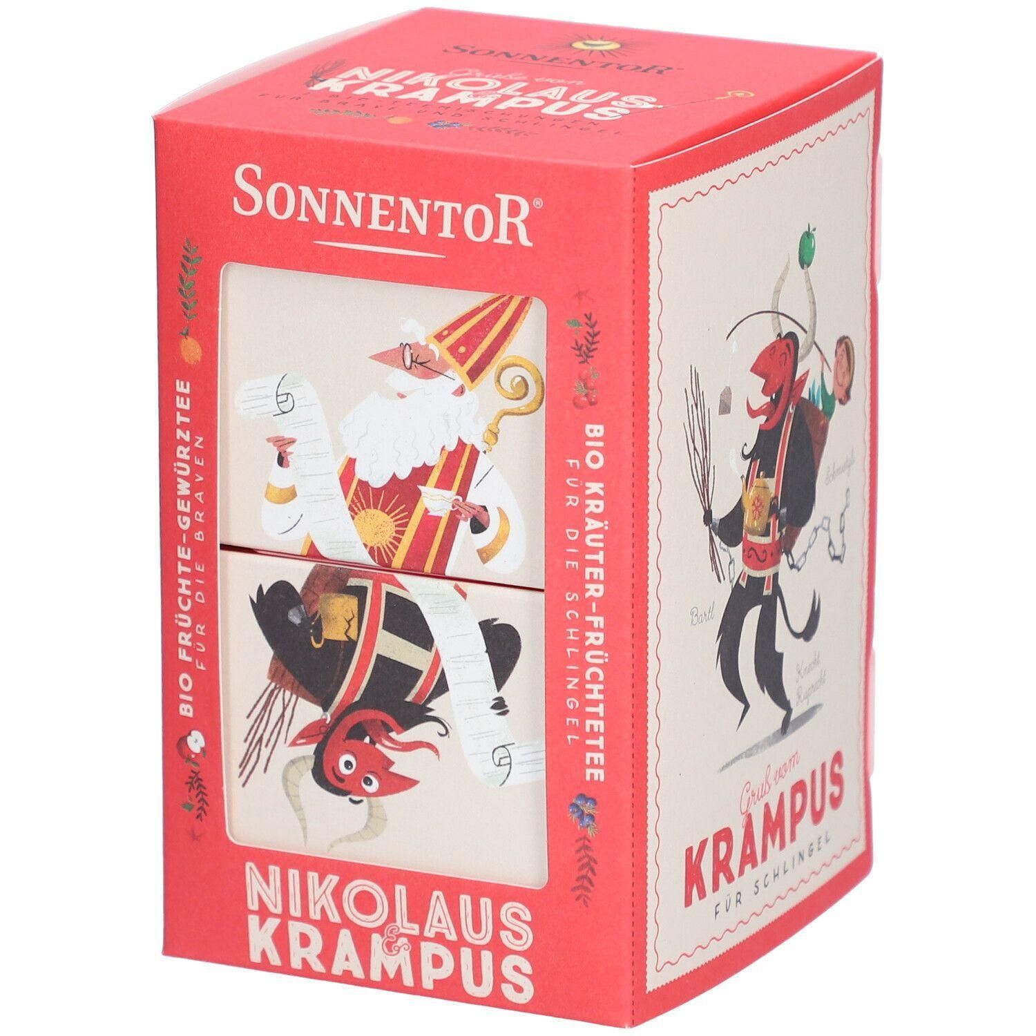 Rote Verpackung mit Illustrationen von Nikolaus und Krampus. Text: SONNENTOR, Nikolaus & Krampus Tee, Bio Kräuter-Früchtetee.