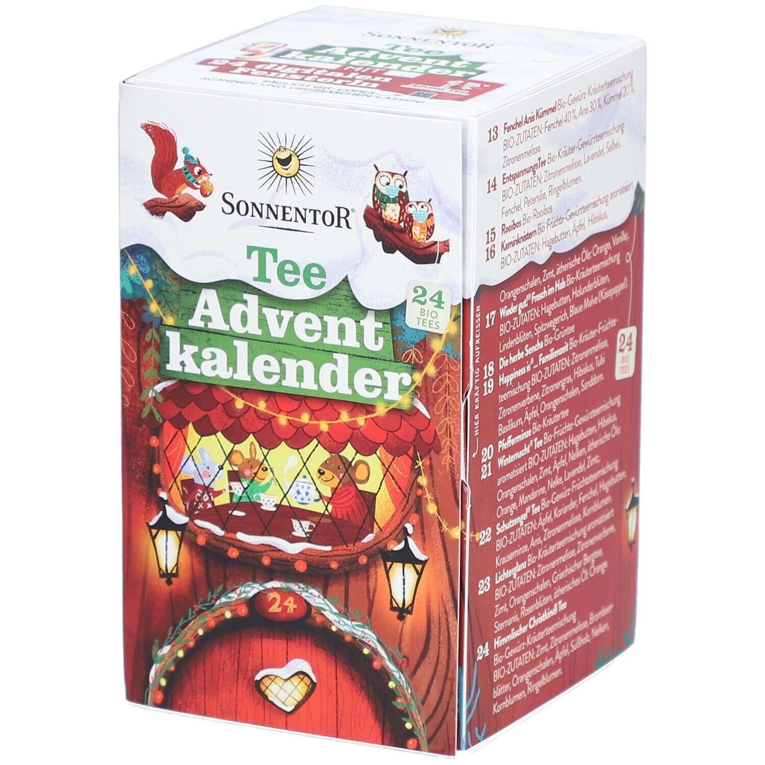 SONNENTOR Tee Adventskalender. Karton mit Illustrationen. Enthält 24 Teebeutel. Mit Logo und Produktbezeichnung.