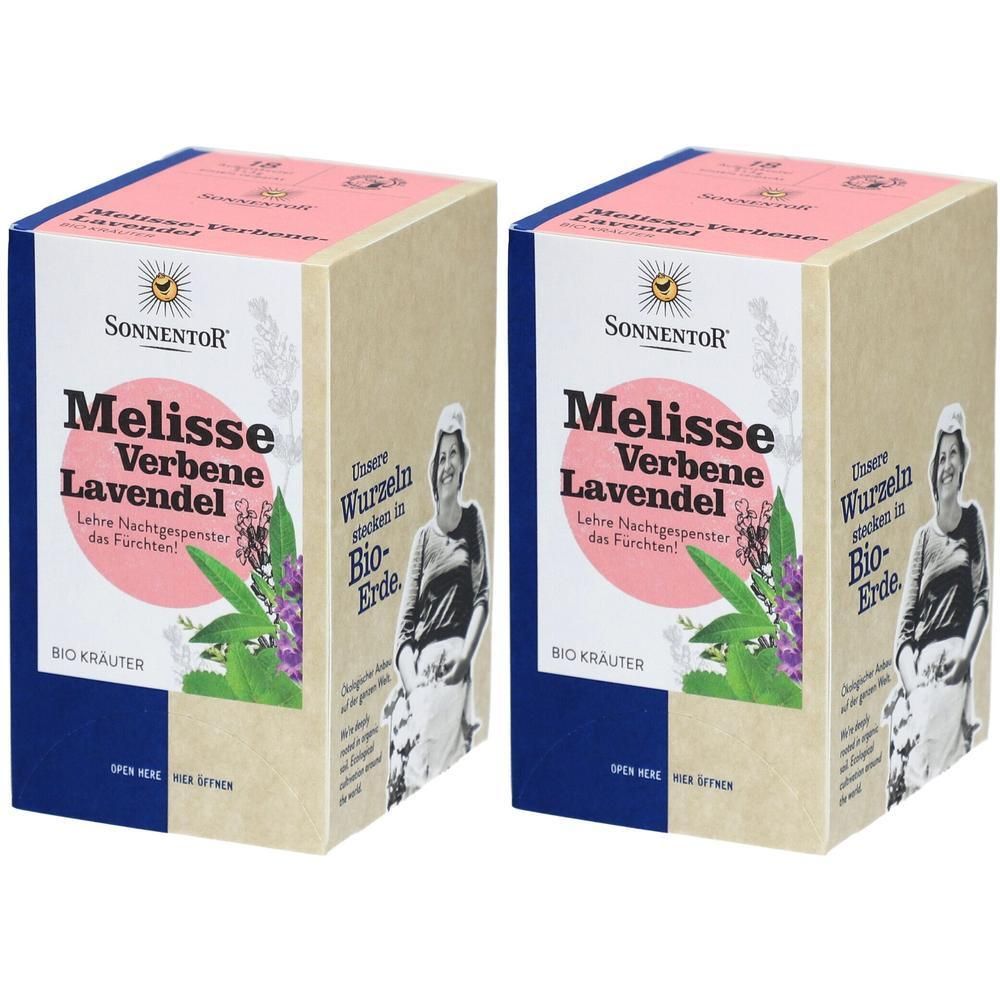 Zwei Kartons mit Aufdruck. Aufschrift: Melisse Verbene Lavendel, SONNENTOR. Bio Kräuter. Abbildung von Kräutern und einer Frau.