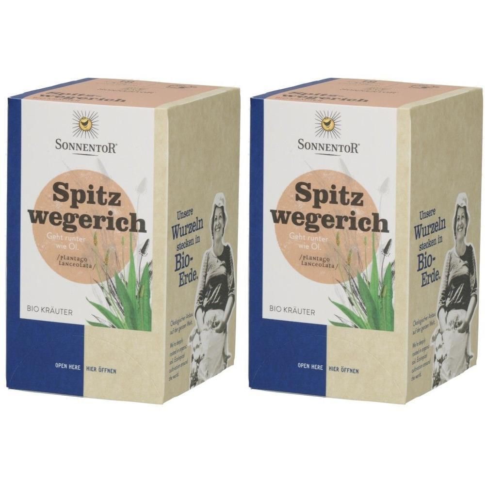 Zwei rechteckige Kartons. Aufschrift: SONNENTOR, Spitzwegerich, Bio Kräuter. Abbildung einer Frau und Pflanzen.