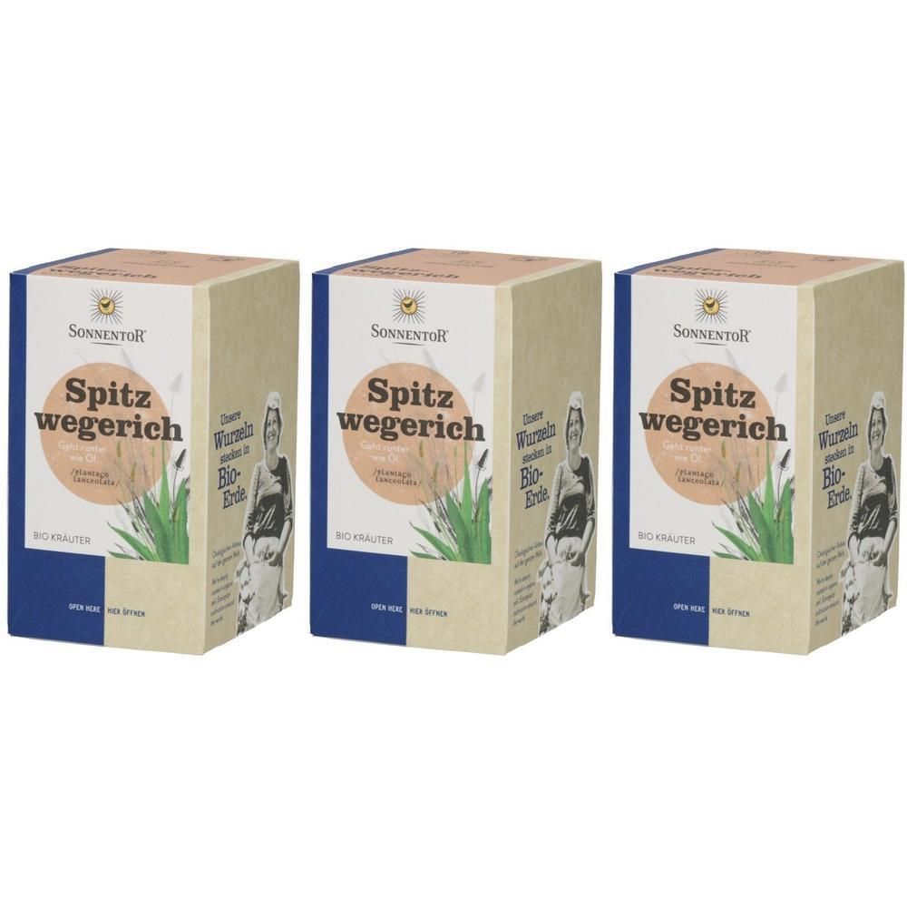 Drei rechteckige Kartons. Aufdruck: SONNENTOR, Spitzwegerich, Bio-Kräuter. Beige, blau und braune Farben. Logo mit Sonne.