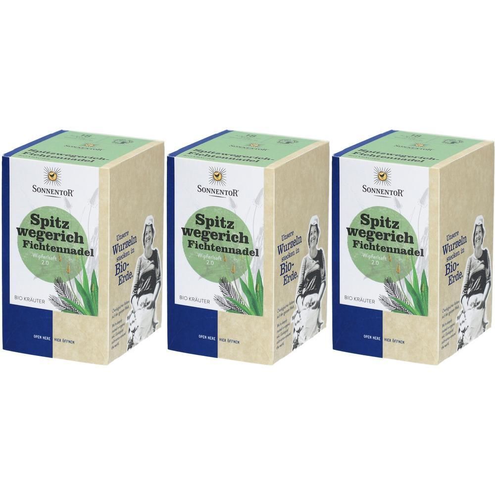 Drei rechteckige Kartons. Aufschrift: SonnentoR Spitzwegerich Fichtennadel. Grün-beige Verpackung mit Logo und Illustration.