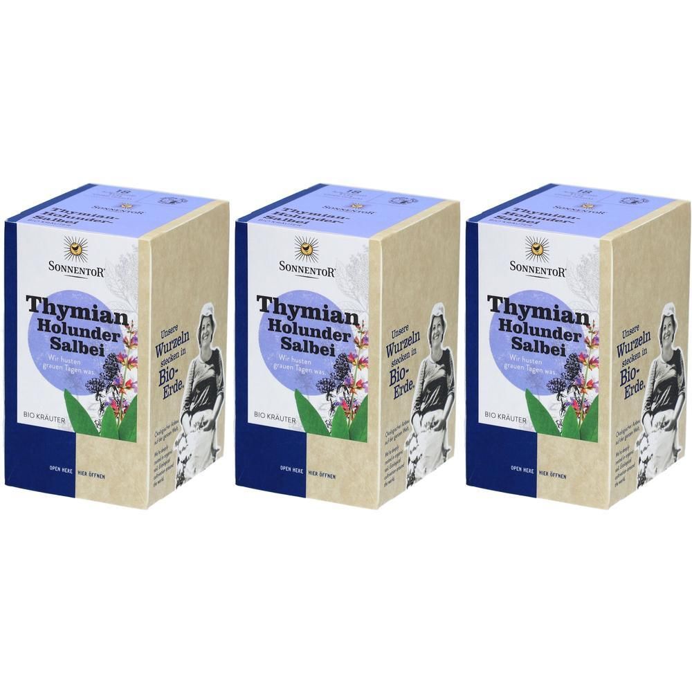 Drei rechteckige Kartons mit blauem und beigem Design. Aufschrift: Thymian Holunder Salbei. Marke: SonnentoR. Bio-Kräuter.