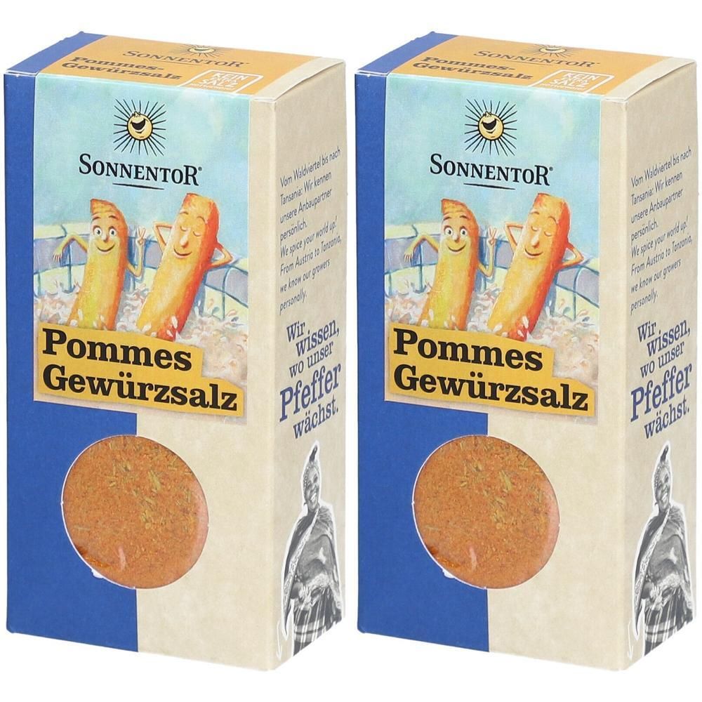Zwei Kartons SonnentoR Pommes-Gewürzsalz. Blaue und beige Verpackung mit Logo, Kartoffel-Illustration und Produktbezeichnung.
