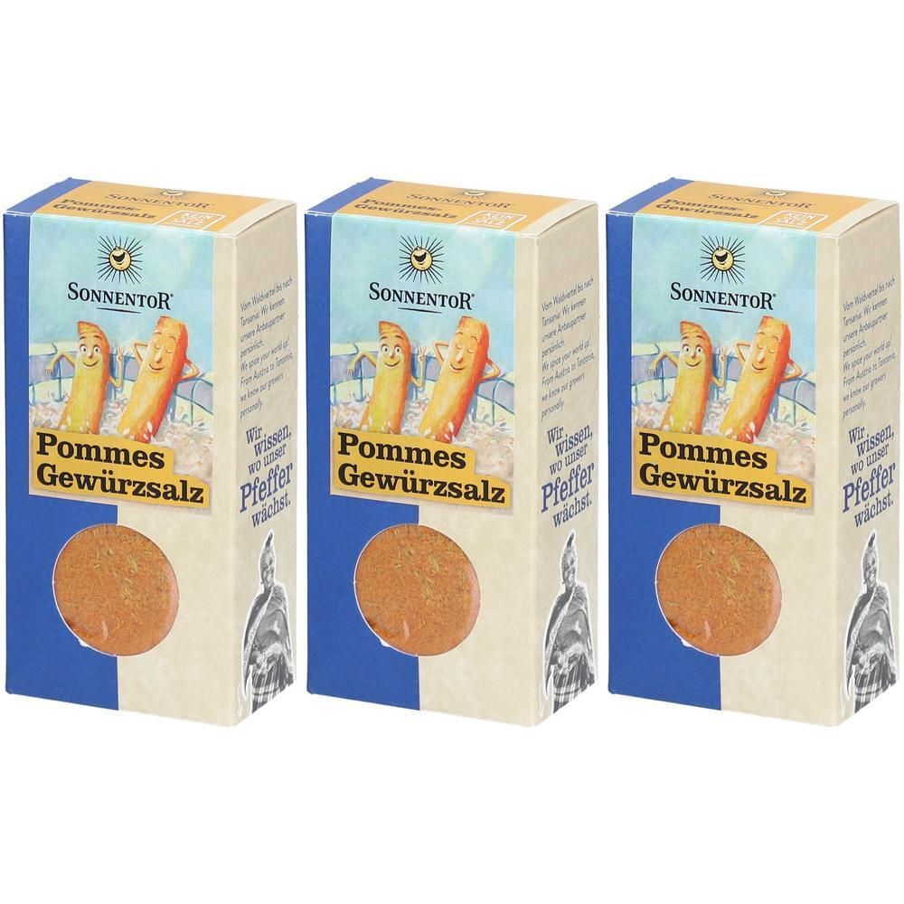 Drei Kartons SonnentoR Pommes-Gewürzsalz. Blaue und beige Verpackung mit Logo und Abbildung von Pommes. Runde, braune Produktansicht.
