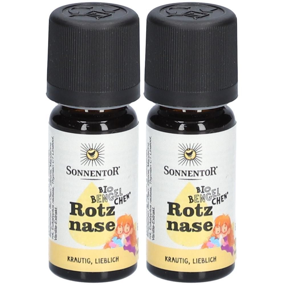Zwei kleine Glasflaschen mit schwarzem Deckel. Auf den Etiketten steht "Rotznase" und "SONNENTOR".