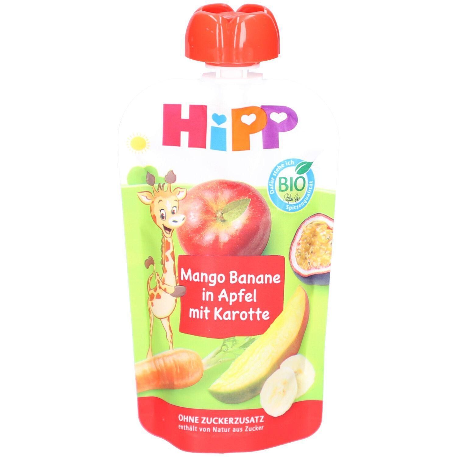 HiPP Quetschbeutel mit Mango, Banane, Apfel und Karotte. Grün-rotes Design mit Früchten und Giraffe. BIO-Siegel.