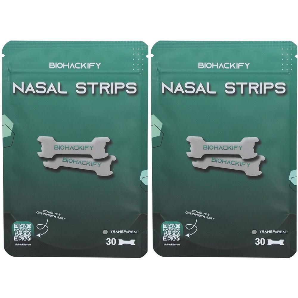 Zwei Packungen mit Nasenstrips. Aufschrift: BIOHACKIFY, NASAL STRIPS, transparent. Enthält 30 Strips.