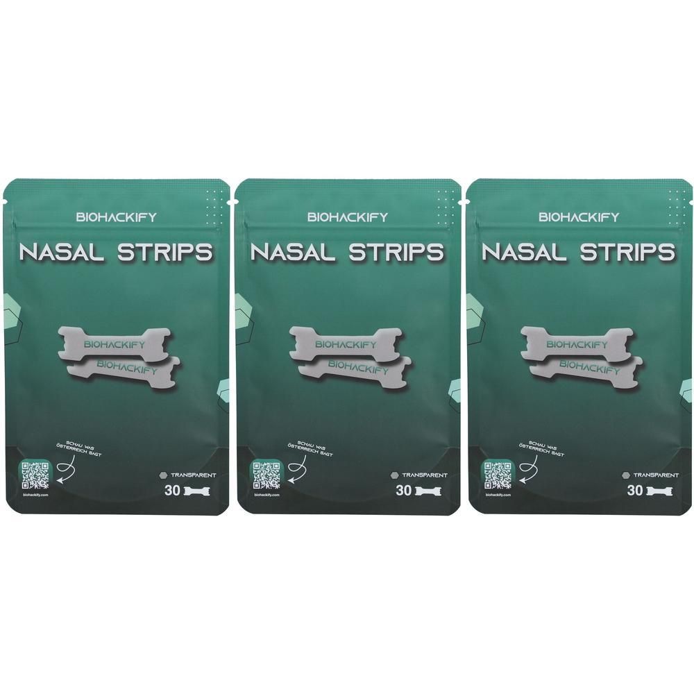 Drei grüne Verpackungen mit Nasenstrips. Auf jeder Packung steht "BIOHACKIFY NASAL STRIPS". Jede Packung enthält 30 Strips.