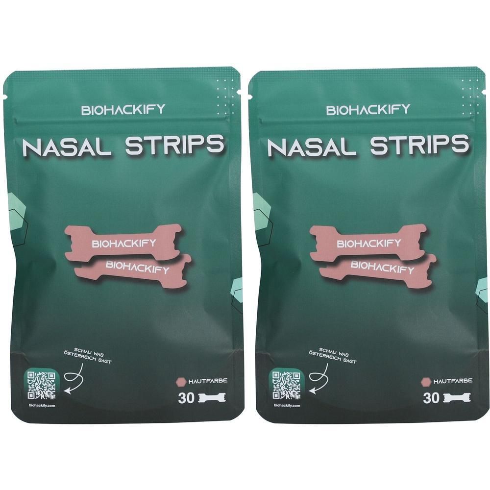 Zwei Beutel mit Nasenstrips. Aufschrift: BIOHACKIFY NASAL STRIPS. Farbe: hautfarben. Packung enthält 30 Stück.