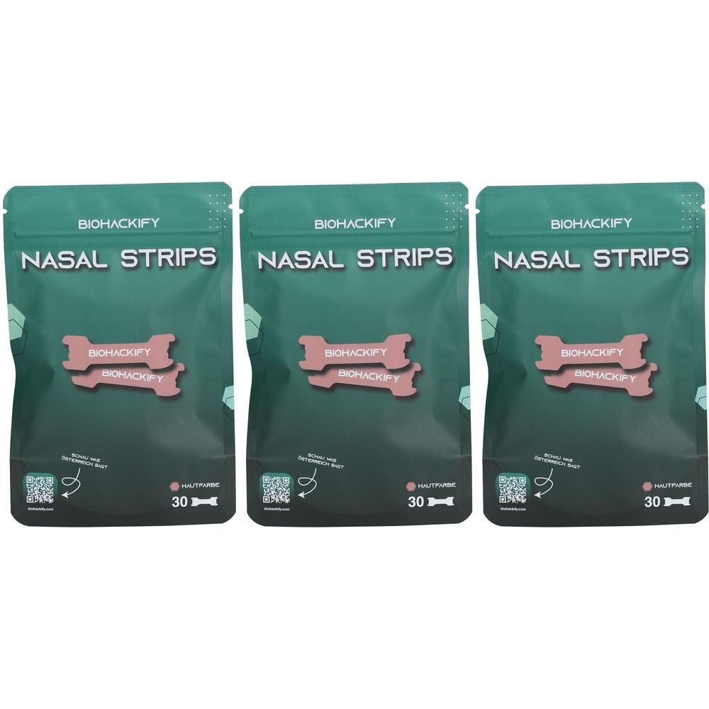 Drei Packungen hautfarbener Nasenstrips mit je 30 Stück. Marke: Biohackify.