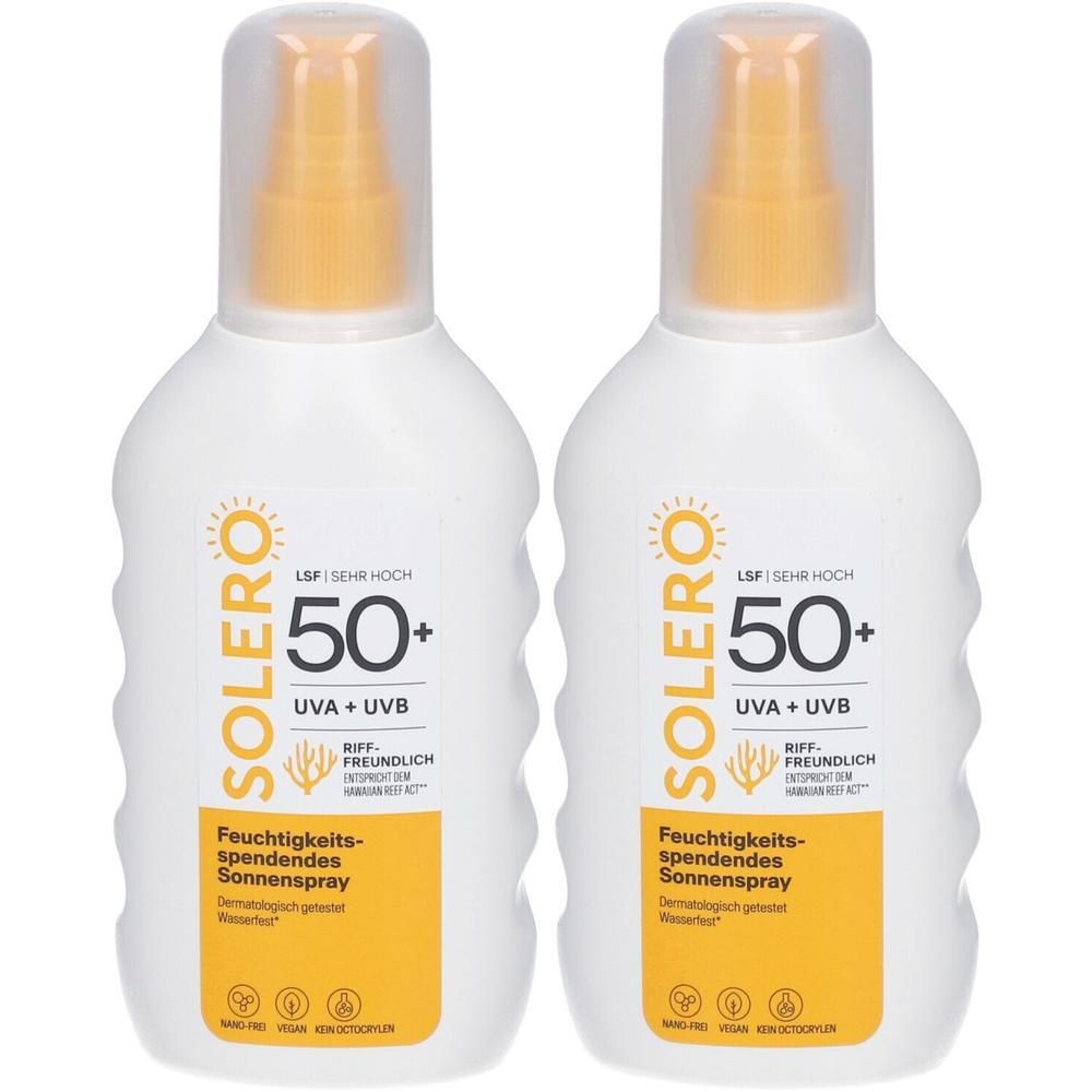 Zwei weiße Sprühflaschen Solero Sonnenspray LSF 50+ mit gelbem Sprühkopf und Kappe. Beschriftung auf gelbem Feld.