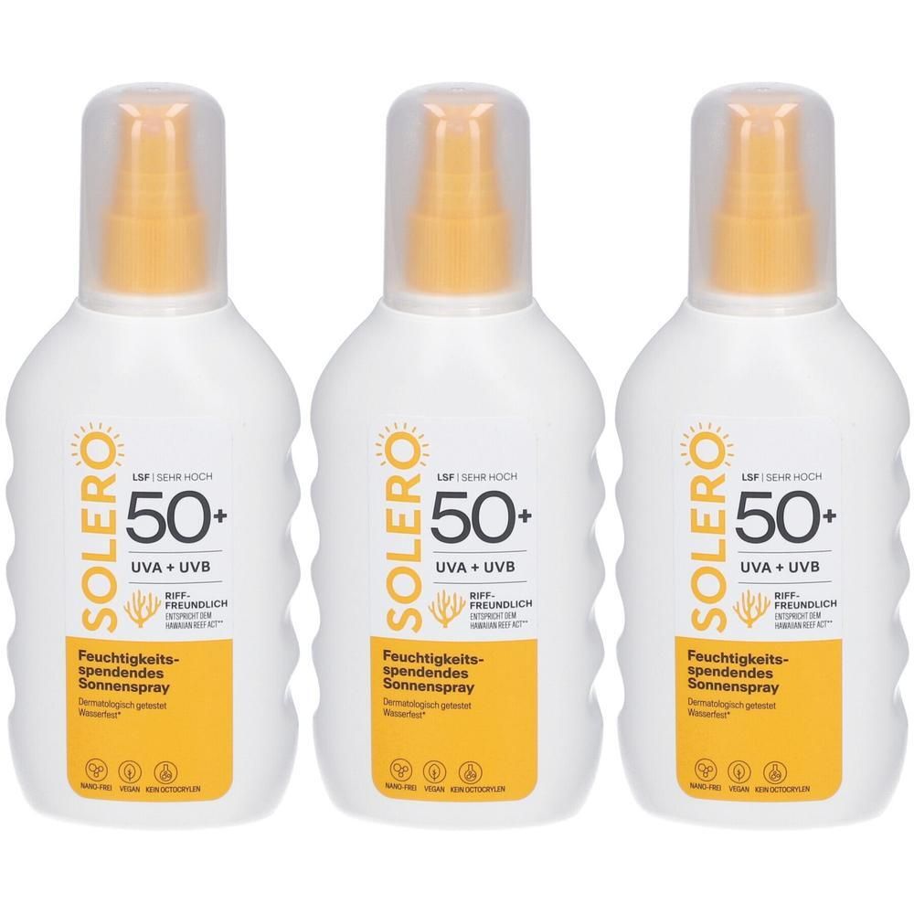 Drei weiße Sprühflaschen Solero Sonnenschutz LSF 50+ mit gelben Verschlüssen und Etiketten.