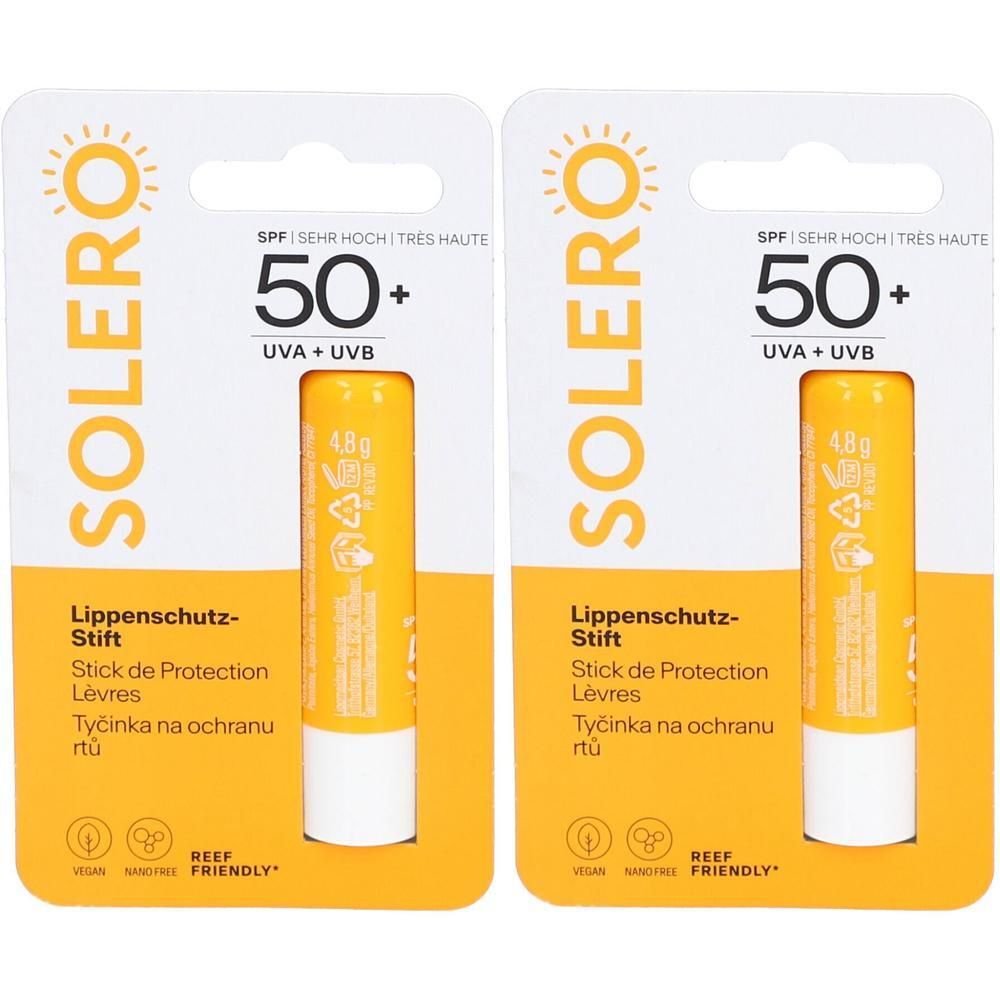 Zwei Solero Lippenschutz-Stifte SPF 50+ in Verpackung. Gelbe Stifte mit weißem Ende. Aufschrift: 50+, UVA+UVB, Lippenschutz-Stift.