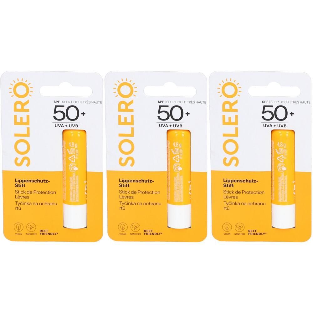 Drei Solero Lippenschutz-Stifte SPF 50+ in Verpackung. Gelbe Stifte mit weißem Ende. Verpackung mit Logo und Text.