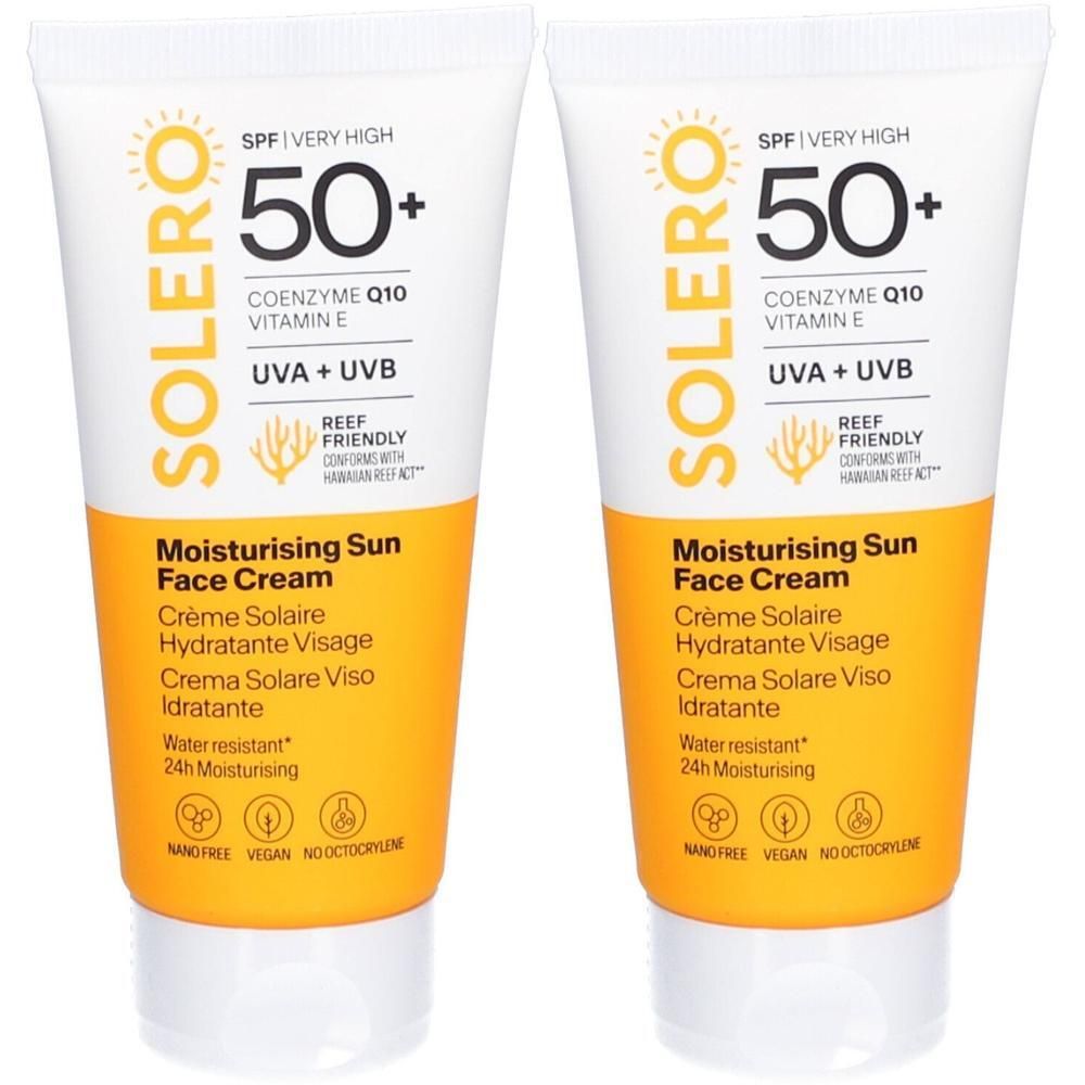 Zwei Tuben Sonnencreme. Weiß-gelbe Verpackung mit Aufdruck. Text: SOLERO, 50+, UVA+UVB, Reef Friendly, Moisturising Sun Face Cream.