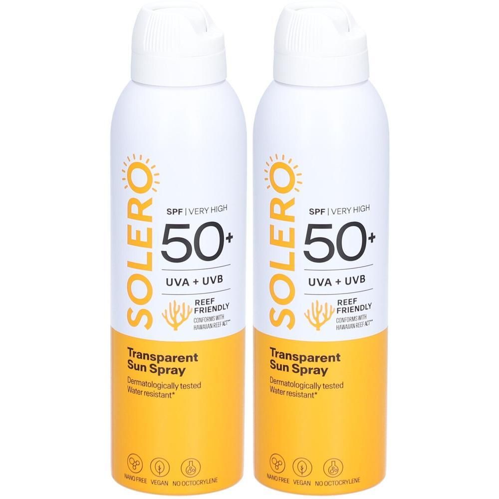 Zwei Solero Transparent Sun Spray Flaschen mit LSF 50+. Dermatologisch getestet und wasserresistent.