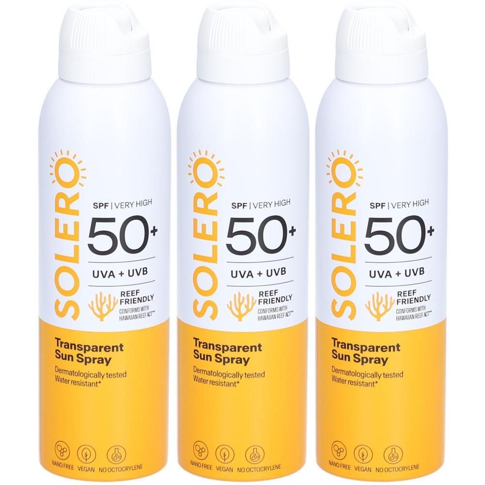 Drei Solero Transparent Sun Spray Flaschen mit LSF 50+.