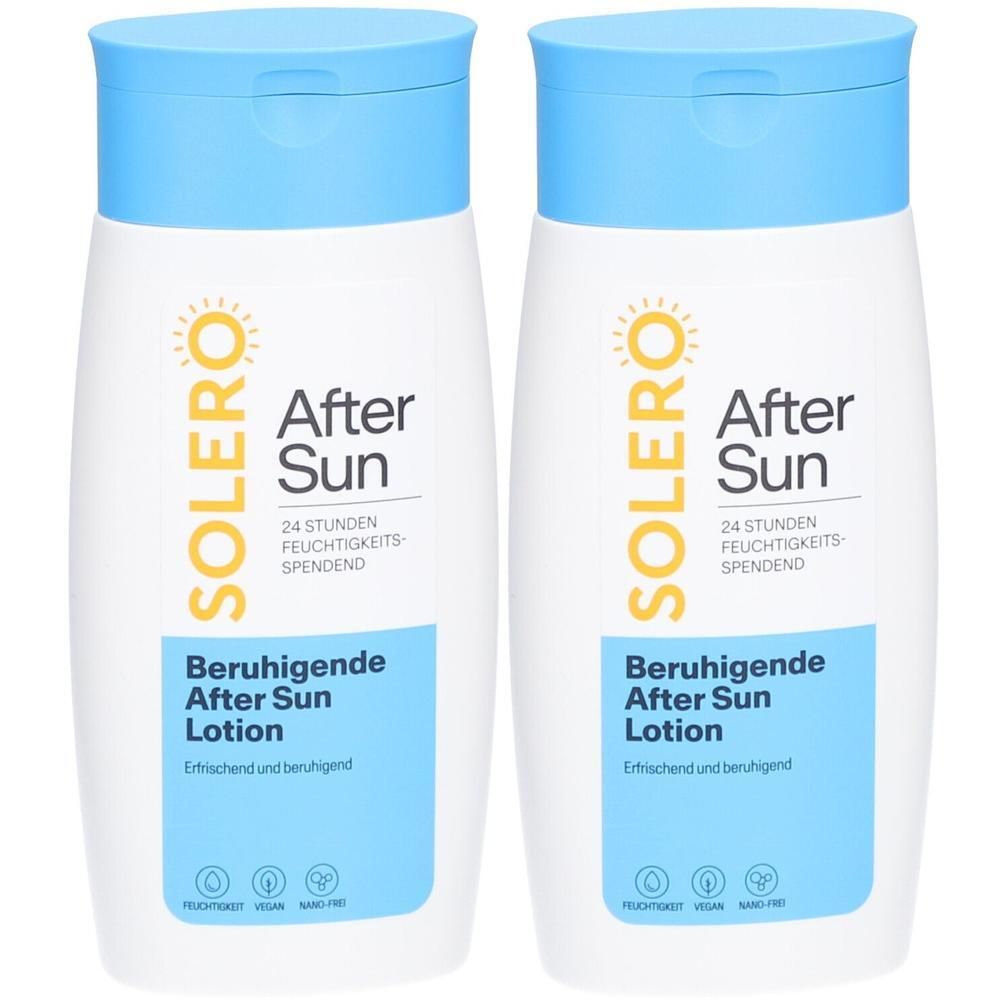Zwei weiße Flaschen mit blauem Deckel. Aufschrift: SOLERO After Sun, Beruhigende After Sun Lotion. Vegan, nano-frei.