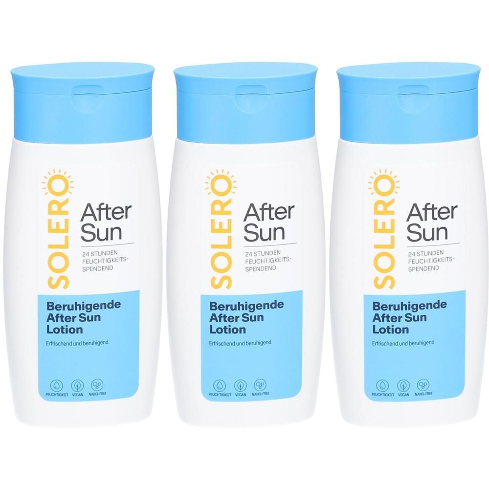 Drei weiße Flaschen mit blauem Deckel. Aufschrift: SOLERO After Sun Beruhigende After Sun Lotion. 24 Stunden Feuchtigkeit.