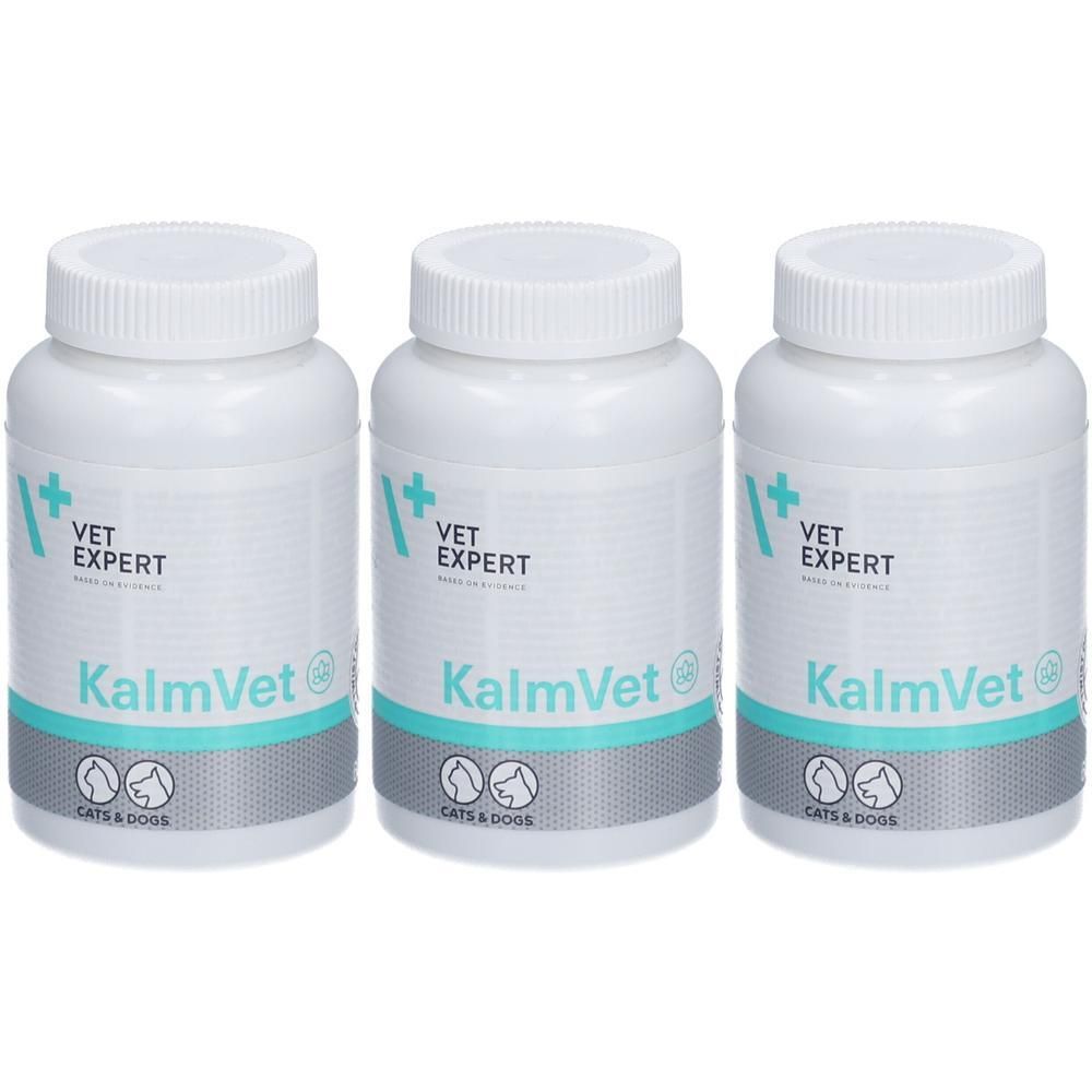 Drei weiße Flaschen mit Schraubverschluss. Aufschrift: VetExpert, KalmVet. Für Katzen und Hunde.