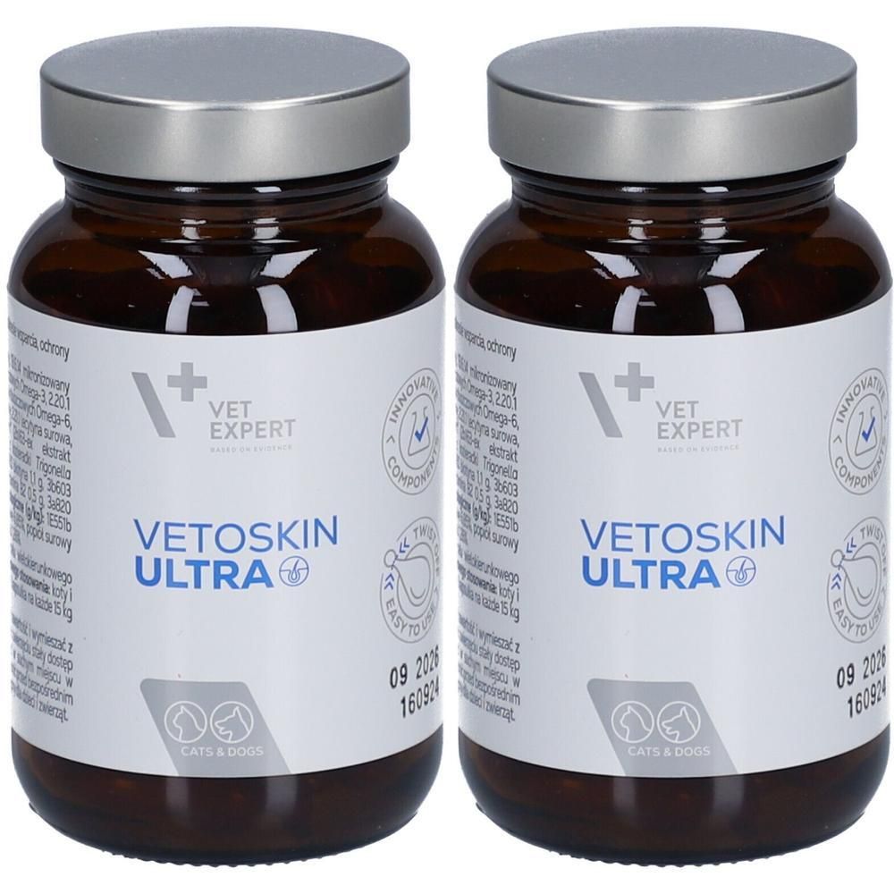 Zwei braune Glasflaschen mit silbernen Deckeln. Auf den Etiketten steht VETOSKIN ULTRA, das Logo von VET EXPERT und die Aufschrift „CATS & DOGS“.