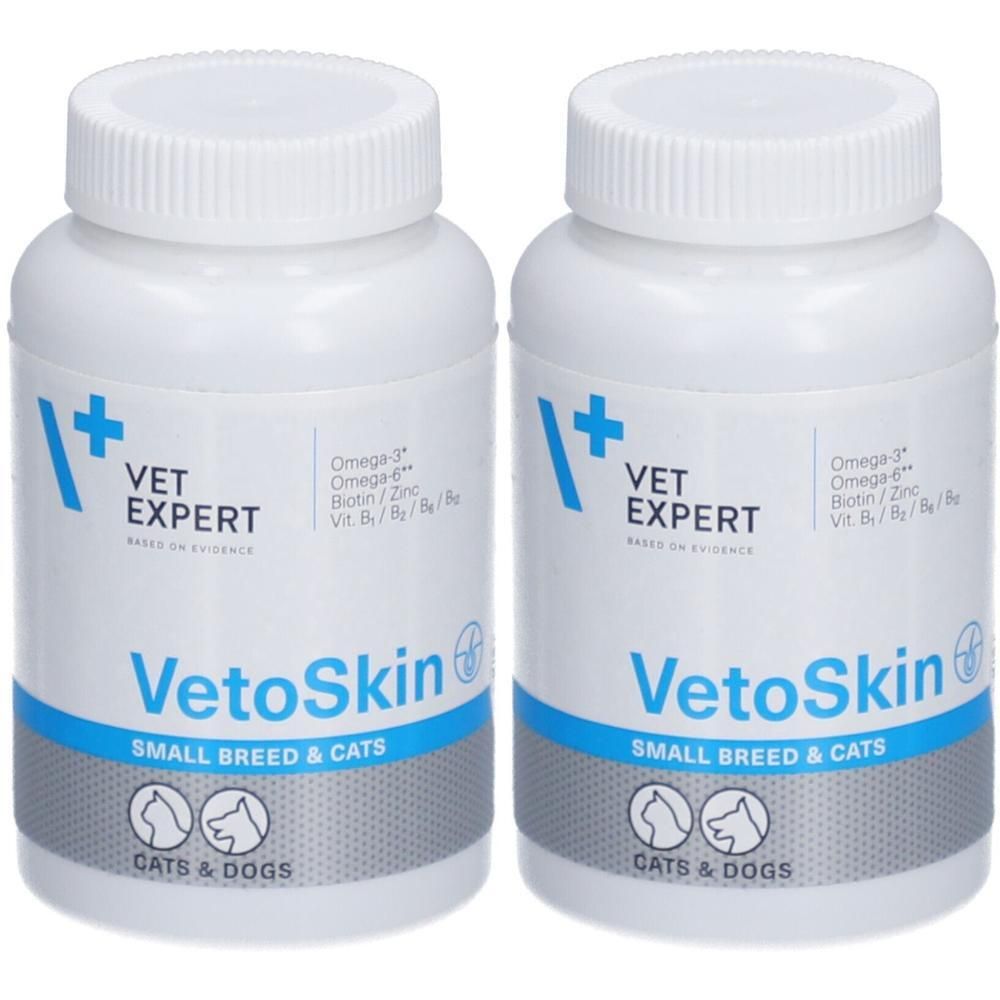Zwei weiße Flaschen mit Schraubverschluss. Aufschrift: VetoSkin, Vet Expert. Für kleine Hunde und Katzen. Enthält Omega-3, Omega-6, Biotin, Zink.