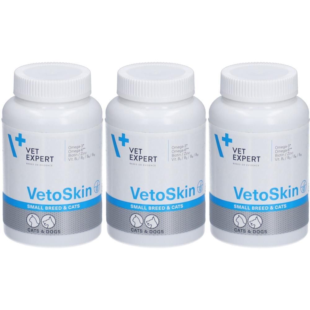 Drei weiße Pillendosen mit Schraubverschluss. Aufschrift: VetoSkin, Vet Expert. Für kleine Hunde und Katzen. Abgebildet sind Katzen- und Hundesymbole.
