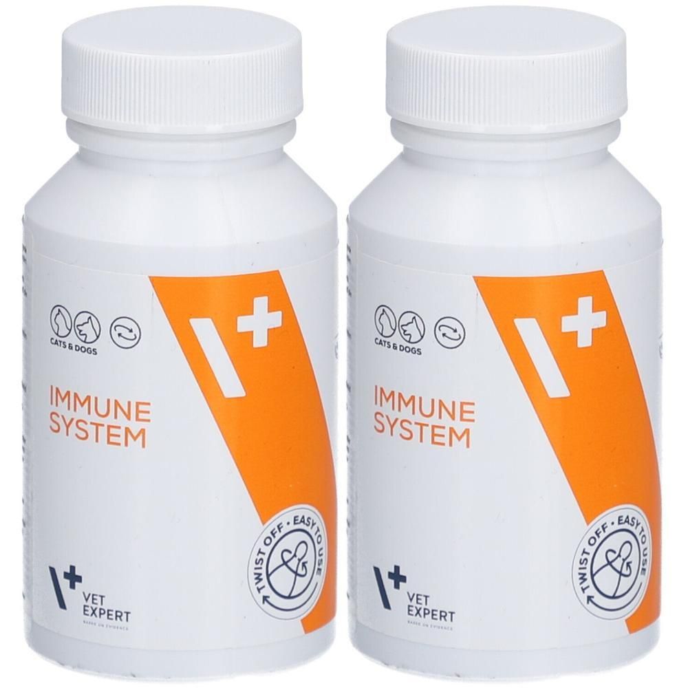 Zwei weiße Flaschen mit Schraubverschluss. Aufschrift: Immune System, VET EXPERT. Orangefarbenes Design mit weißem Pluszeichen.