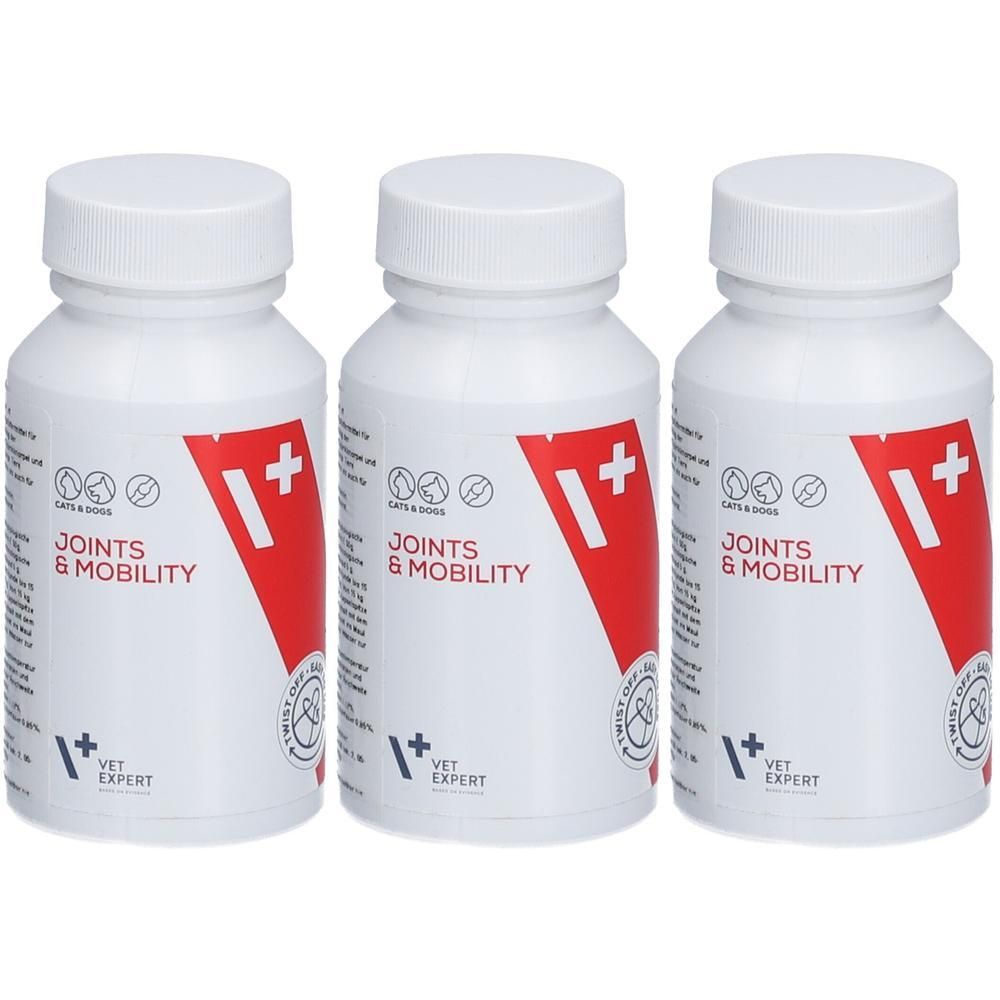 Drei weiße Flaschen mit Schraubverschluss. Auf jeder Flasche steht "JOINTS & MOBILITY" und "VET EXPERT". Roter Akzent.