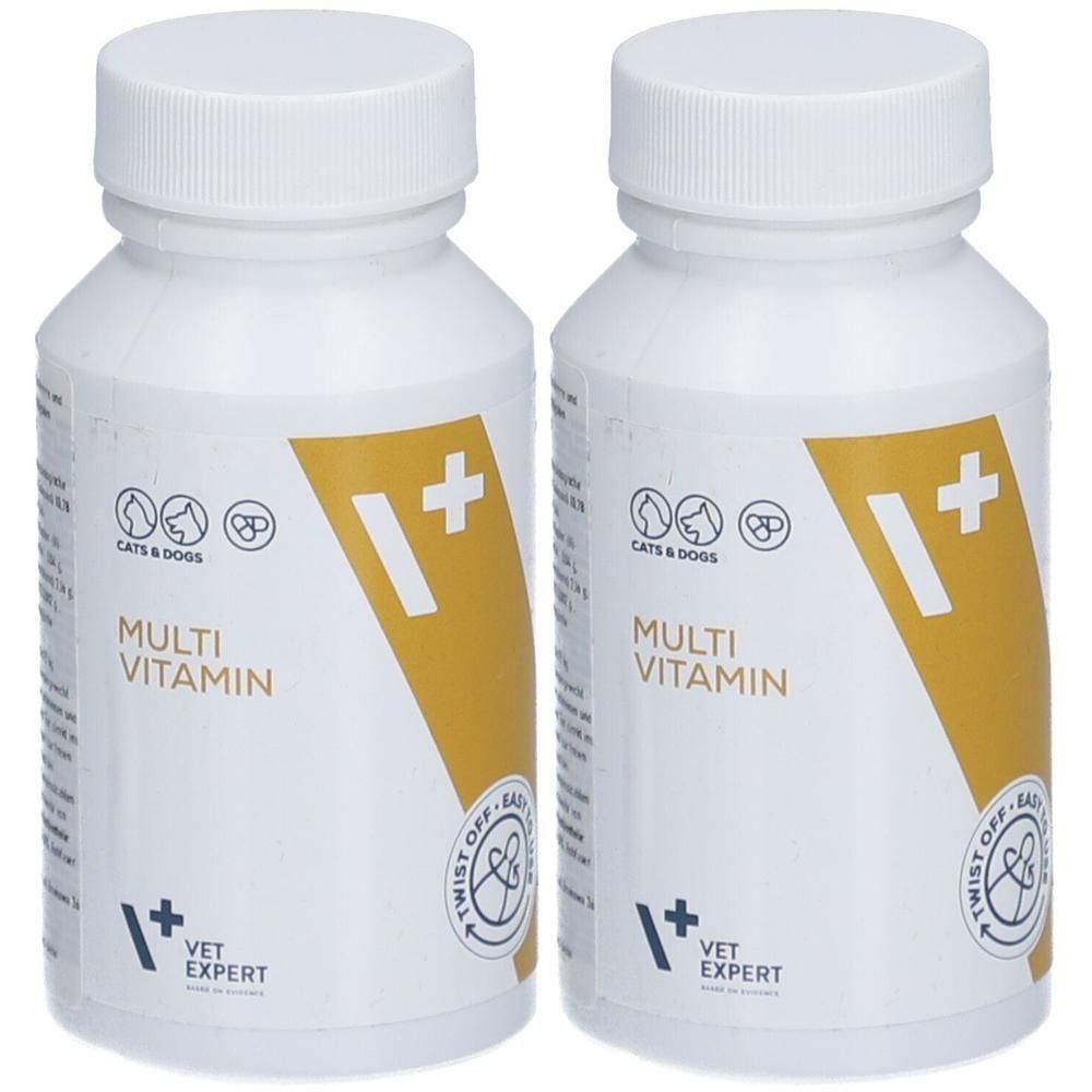 Zwei weiße Flaschen mit Schraubverschluss. Aufschrift: Multi Vitamin, I+ und Vet Expert. Für Katzen und Hunde.