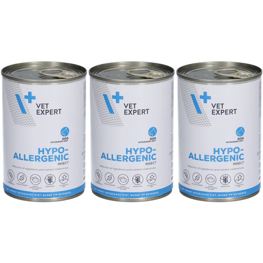 Drei Dosen mit weißem Etikett. Aufschrift: VET EXPERT, HYPO-ALLERGENIC INSECT. Blaue Akzente. Metallverschluss.