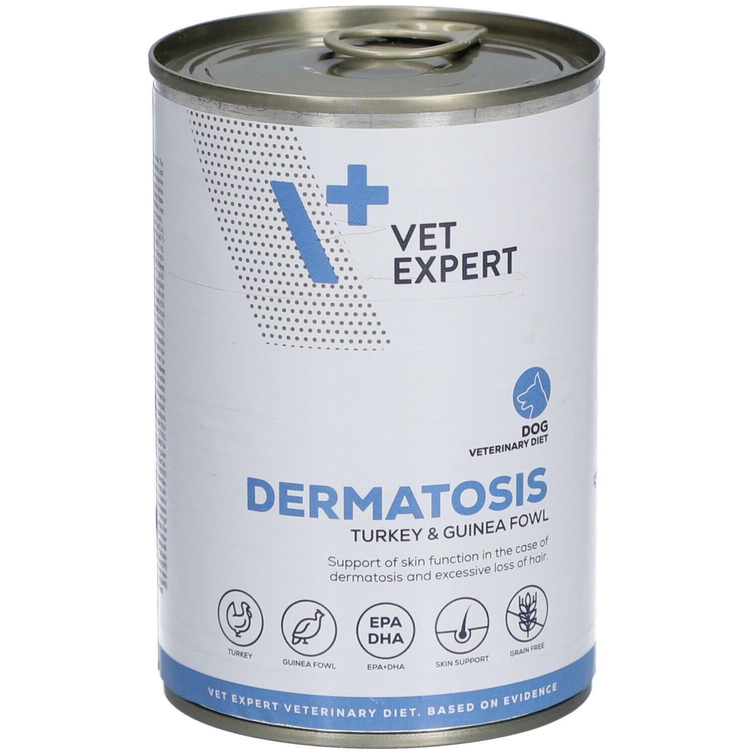 Zylindrische Dose mit Deckel. Aufschrift: VET EXPERT, DERMATOSIS, Truthahn & Perlhuhn. Veterinär-Diätfutter für Hunde.