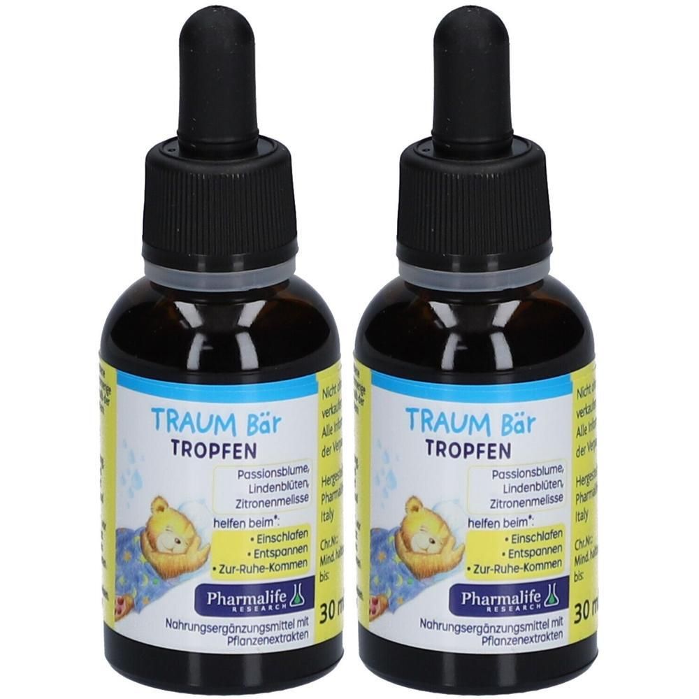 Zwei braune Glasflaschen mit schwarzen Tropfern. Auf den Etiketten steht "TRAUM Bär Tropfen" und "Pharmalife".