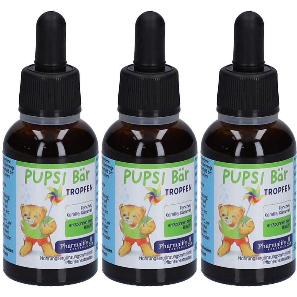 Drei Flaschen mit brauner Flüssigkeit und schwarzen Tropfern. Auf den Etiketten steht "PUPSI Bär Tropfen" mit einem Bären-Cartoon.