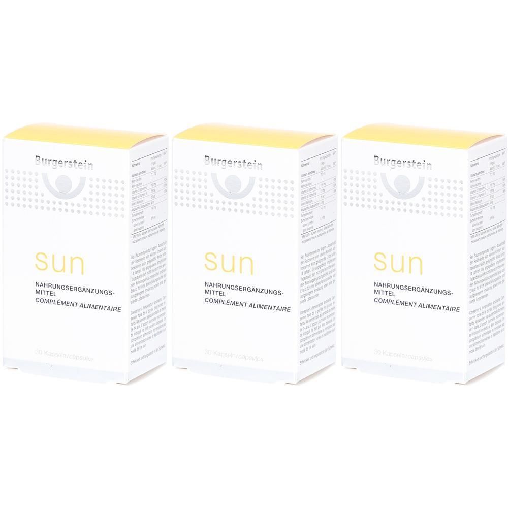 Drei weiße Schachteln mit gelbem Deckel. Aufschrift: "sun", "Burgerstein", "Nahrungsergänzungsmittel".