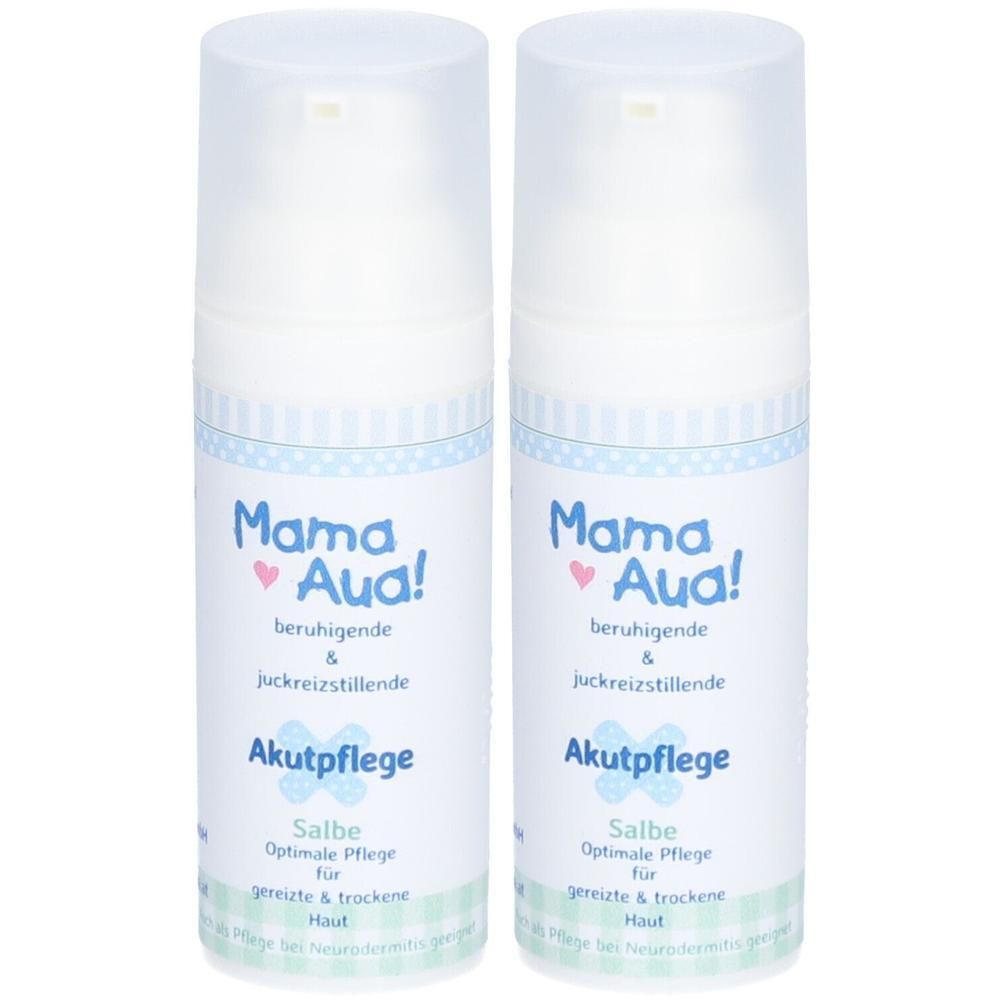 Zwei weiße Pumpflaschen mit Produktetikett. Aufschrift: Mama Aua! Akutpflege Salbe für gereizte & trockene Haut.