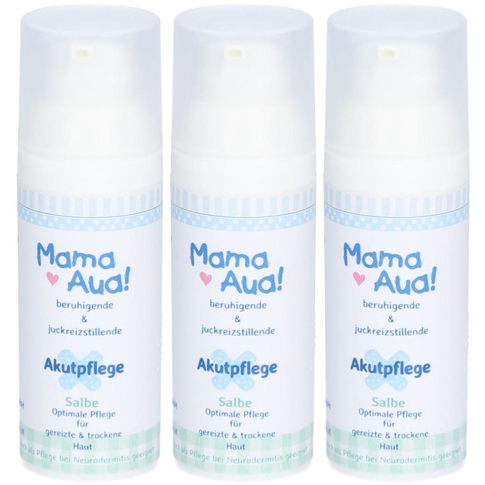 Drei weiße Pumpflaschen mit Produktetiketten. Aufschrift: Mama Aua! beruhigende Akutpflege Salbe für gereizte & trockene Haut.