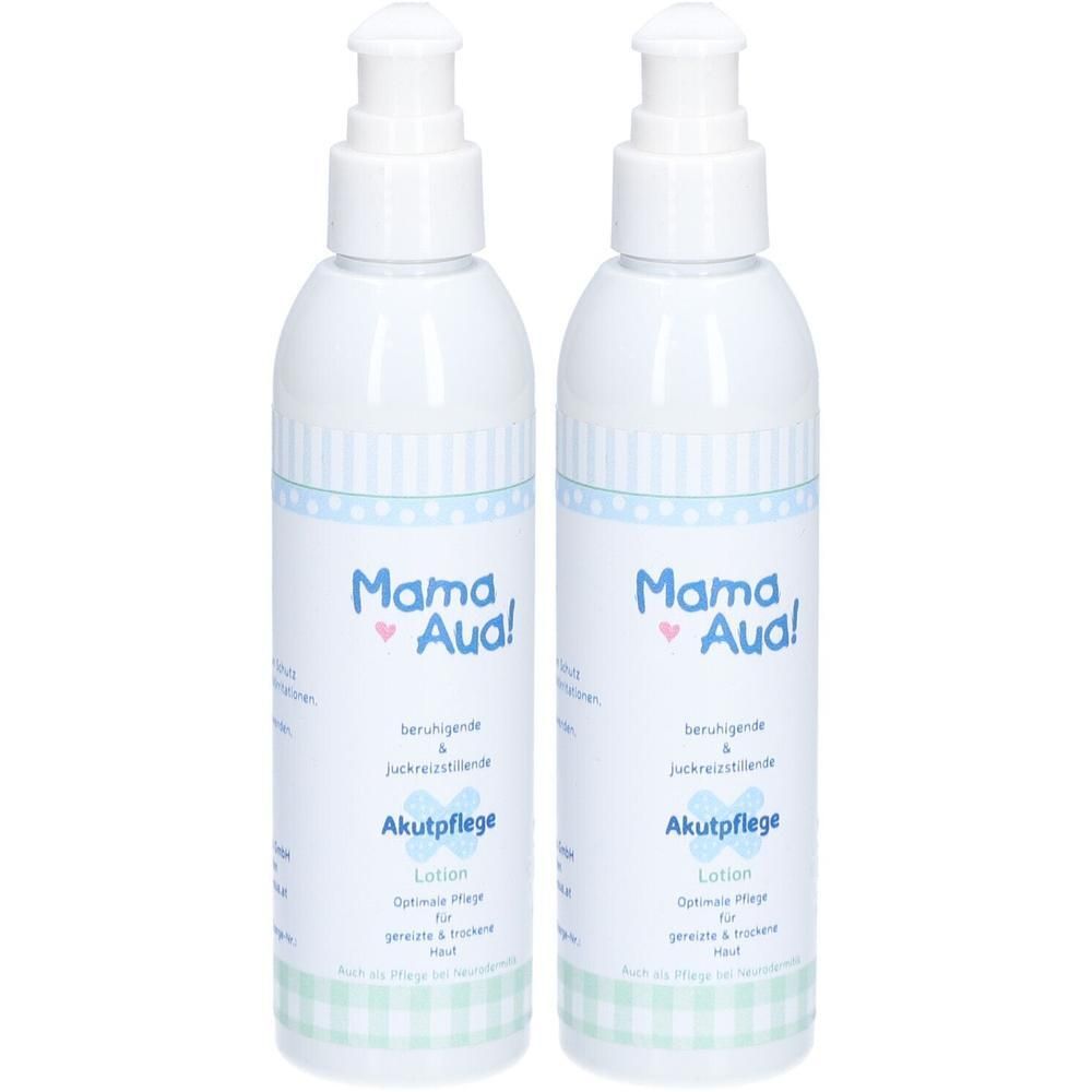 Zwei weiße Flaschen mit Pumpaufsatz. Aufschrift: Mama Aua! Akutpflege Lotion. Blaue und grüne dekorative Elemente.