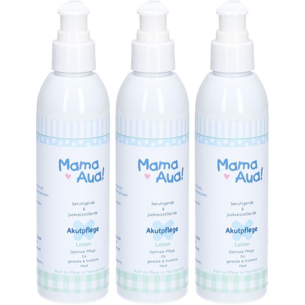 Drei weiße Flaschen mit Pumpaufsatz. Auf den Etiketten steht "Mama Aua!" und "Akutpflege Lotion".
