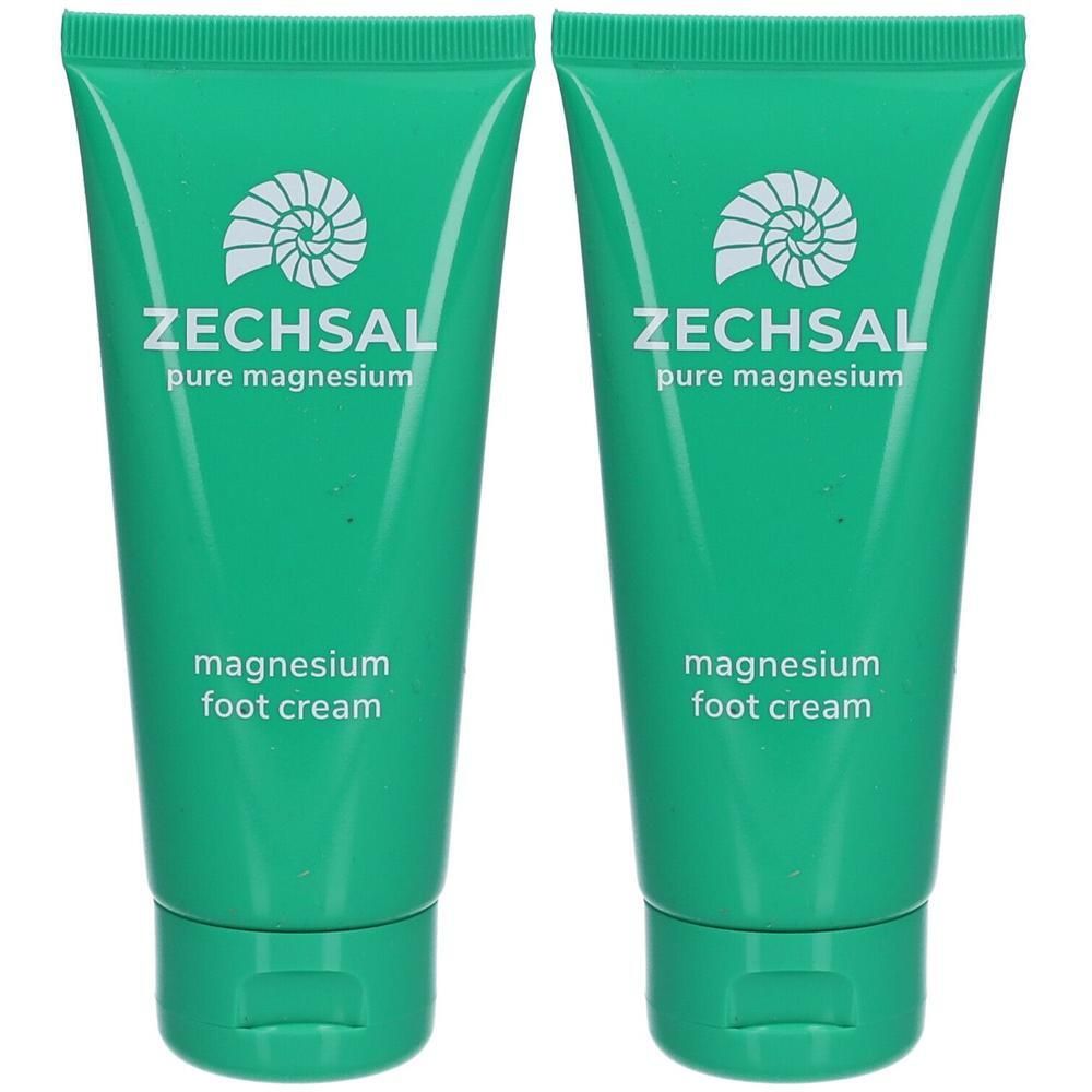 Zwei grüne Tuben mit weißem Logo und Schriftzug Zechsal, pure magnesium, magnesium foot cream.