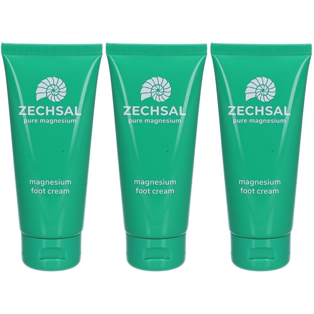 Drei grüne Tuben. Auf jeder steht "ZECHSAL pure magnesium" und "magnesium foot cream". Oben ist ein weißes Logo.