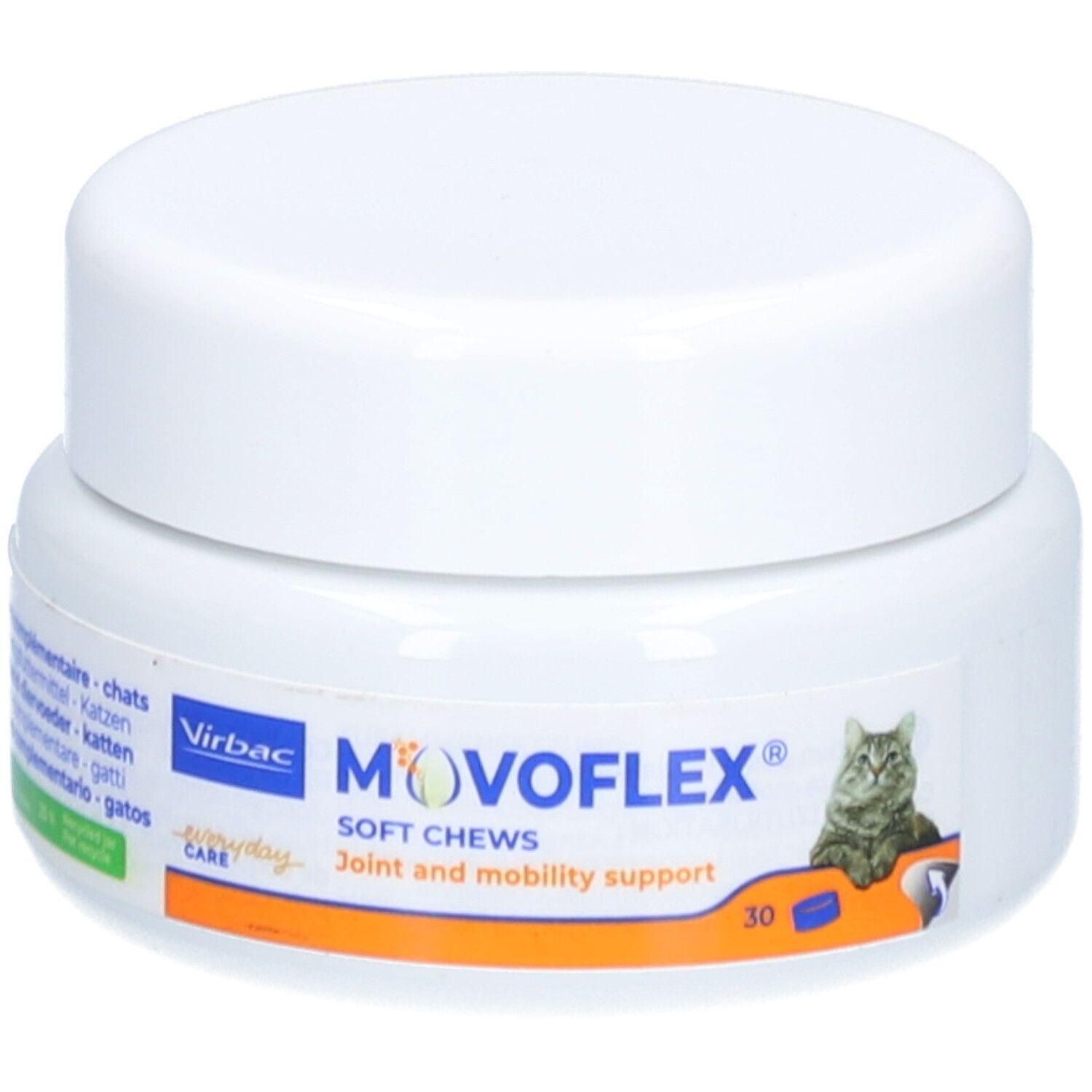 Weiße Dose mit Deckel. Aufschrift MOVOFLEX, Soft Chews, Gelenk- und Mobilitätsunterstützung. Abbildung einer Katze. Marke Virbac.