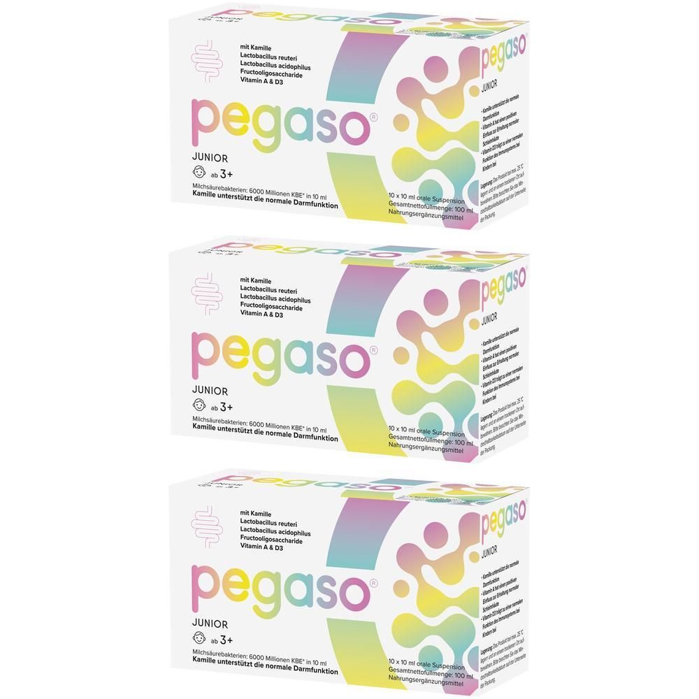 Drei Packungen PEGASO JUNIOR. Weiße Schachteln mit Produktnamen und Inhaltsstoffen. Farbverlauf-Design. Aufschrift "JUNIOR ab 3+".