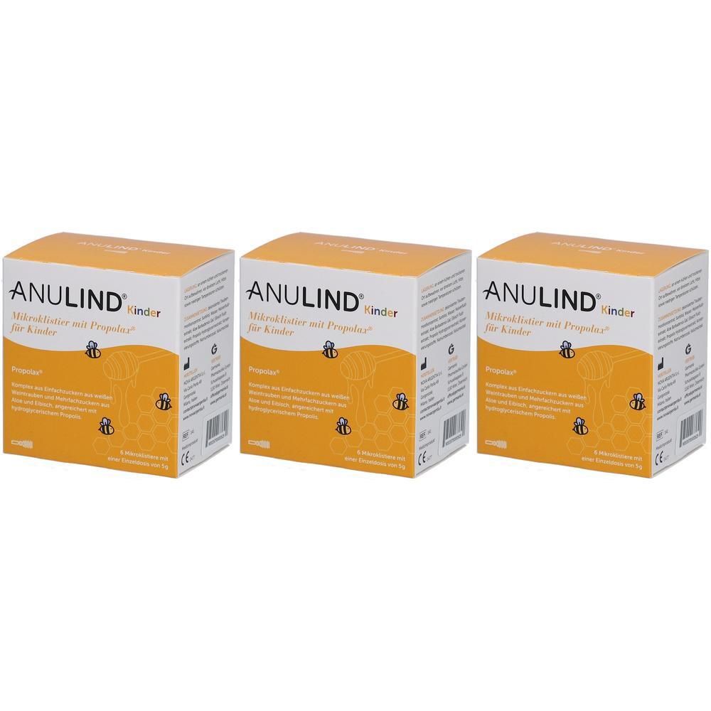 Drei quadratische Kartons. Aufdruck: ANULIND® Mikroklistier für Kinder. Gelb-weiße Verpackung mit Bienen-Motiven.
