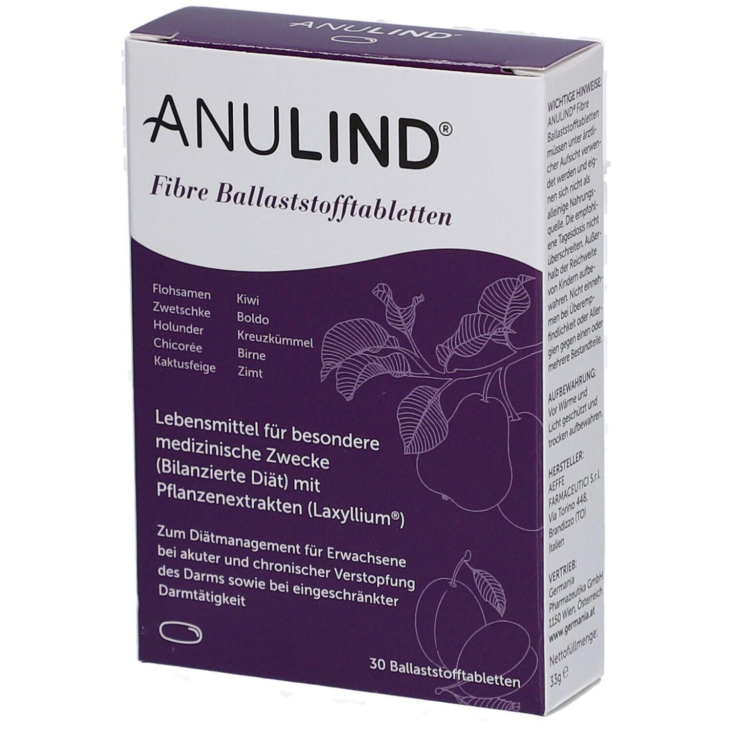 Verpackung von ANULIND Fibre Ballaststofftabletten. Weißer Karton mit lila Akzenten und Produktnamen. Enthält 30 Tabletten.