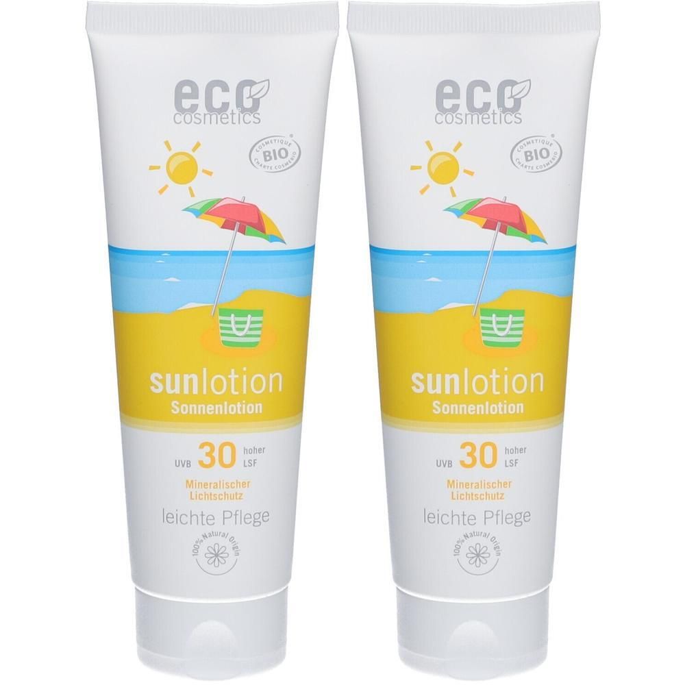 Zwei Tuben Sonnenlotion mit weißem Hintergrund. Auf jeder Tube steht "eco cosmetics" und "sunlotion". LSF 30. Bio-Siegel.